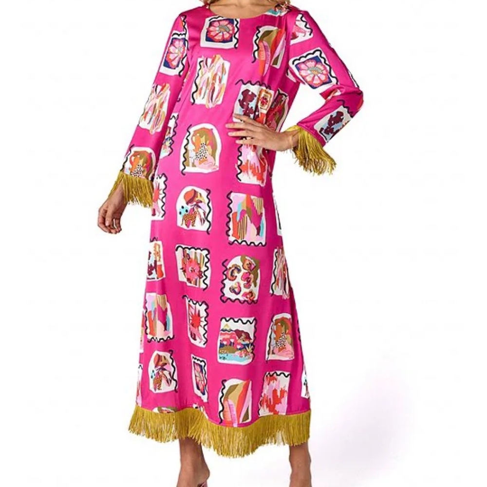 Drewry Printed Satin Twill Crew Neck 3/4 Sleeve Fringe Shift Dress XL NWT